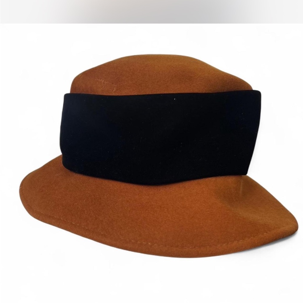 Frank Olive For Neiman Marcus Hat Womens Pumpkin Felt Wool Black Velvet Band